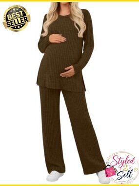 Women's 2 Piece Maternity Ribbed Pajama Set Long Sleeve Lounge